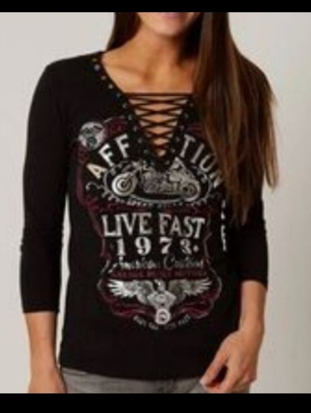 Affliction Black Lace-Up 'Live Fast' Graphic 3/4 Sleeve Top Biker Pistons Large